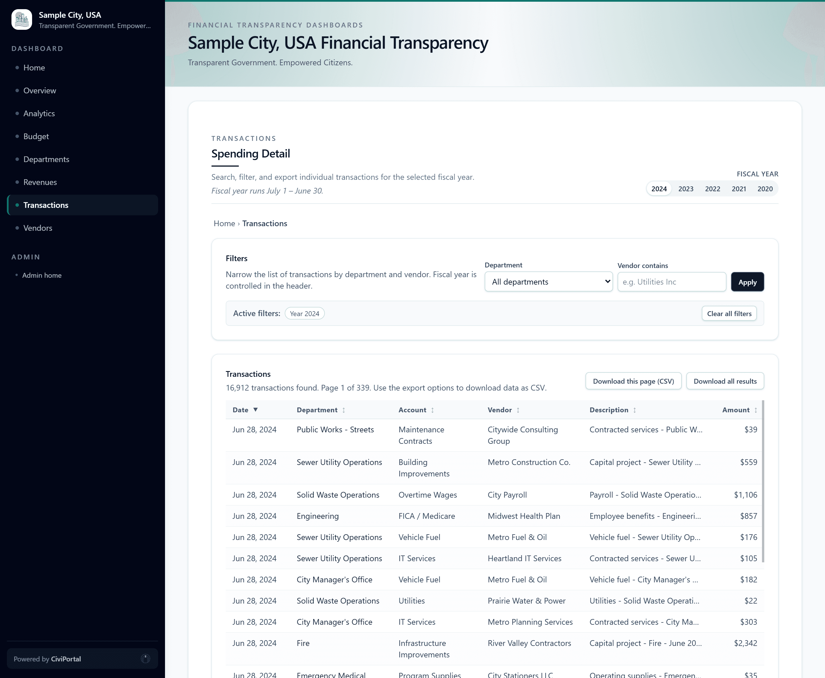 Searchable transaction tracking interface with filters and data table